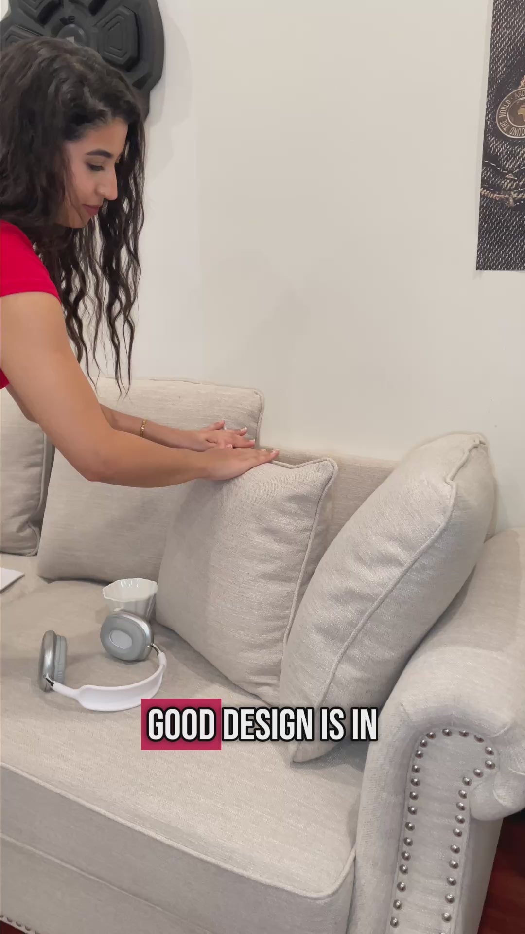Load video: Contemporary Upholstered Fabric Sofa with Hug Pillows, 3-Seater, Beige
