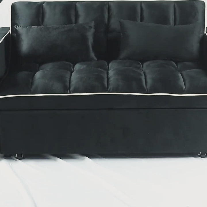 Load video: Eeeza Modern Velvet Sofa Bed with Cushions and Phone Holder, 2-seater