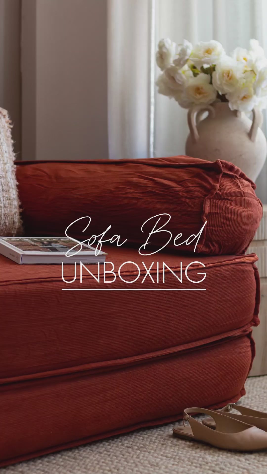 Load video: Eeeza Modular Corduroy Sofa Bed – Flexible Assembly, Down-Filled Cushions, 150/180/220cm Sizes