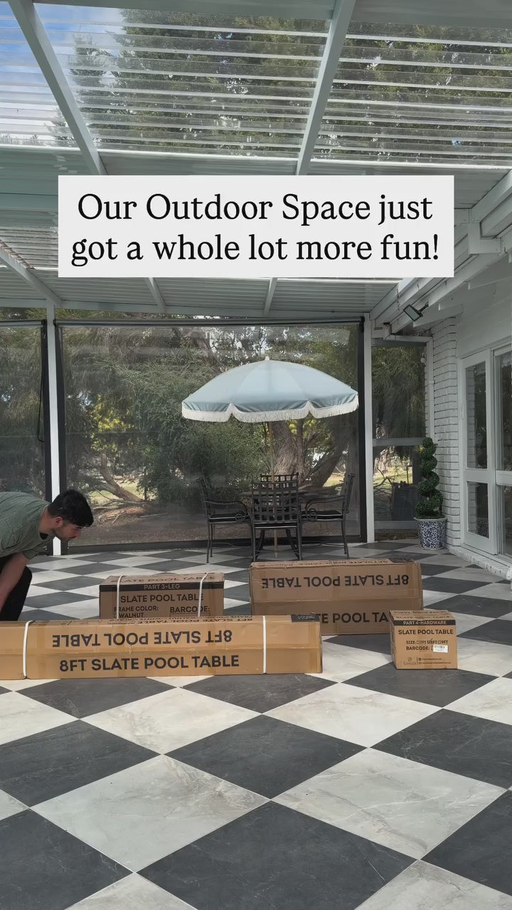 Load video: Eeeza 8FT Black Slate Pool Table – Modern Elegance with Full Accessories Set