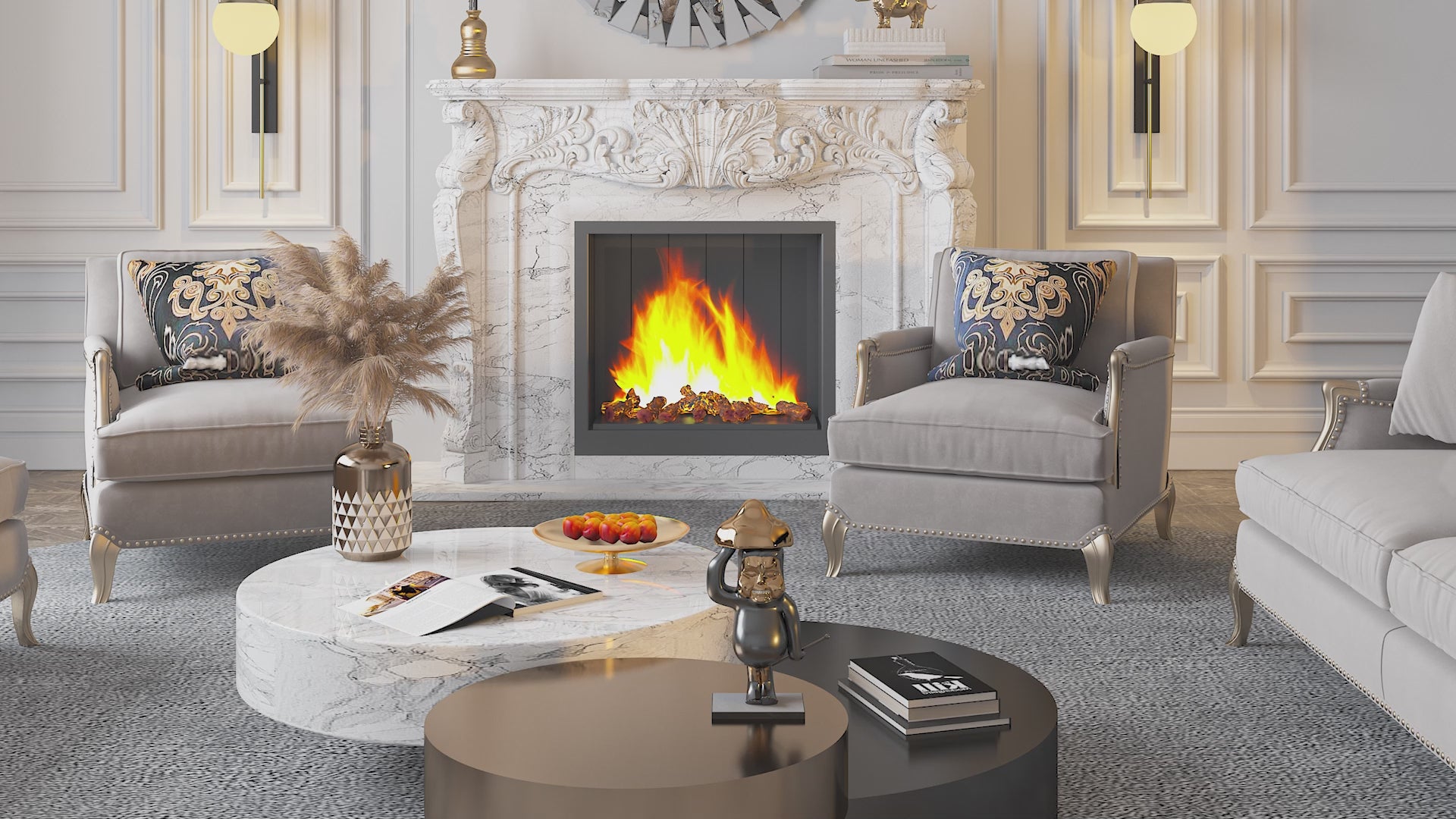 Load video: 79CM Modern Round Wall Decor Mirror Silver Glass Sunburst Accent Mirro