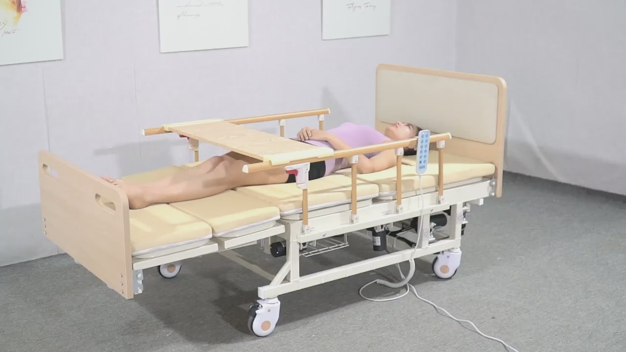 Load video: Adjustable Electric Bed for Elderly with Nursing Mattress, Wood