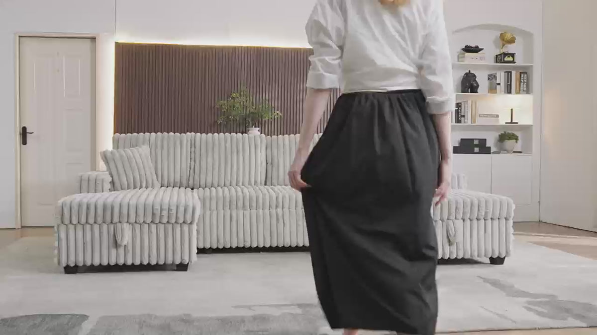 Load video: Oversized Sectional Sofa, Plush Corduroy, U Shaped, 4-seater