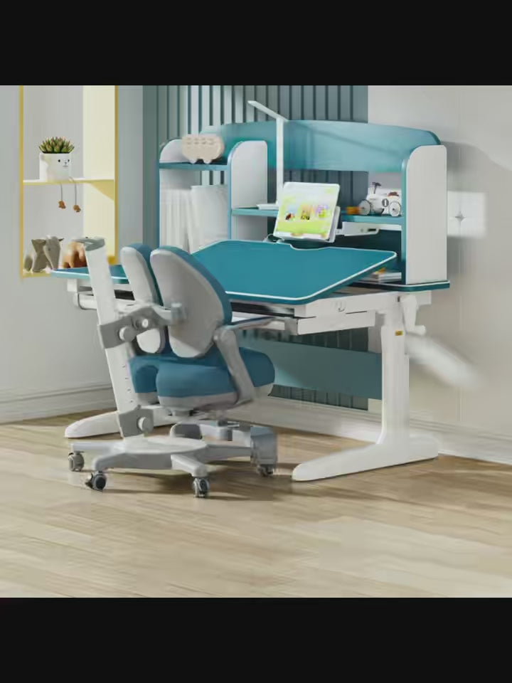 Load video: Children's Study Desk and Chair, Height-Adjustable with Drawers