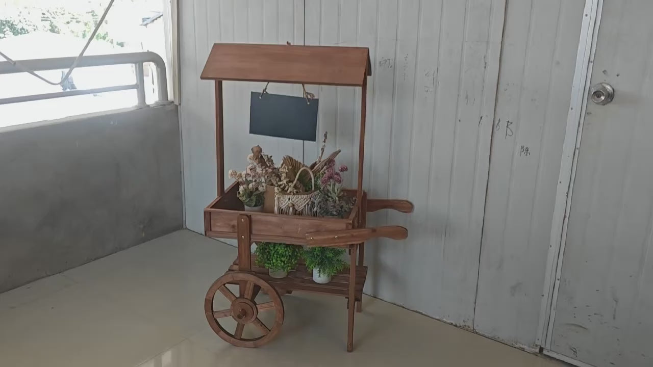 Load video: American Country Retro Double-Layer Wooden Plant Cart with Wheels