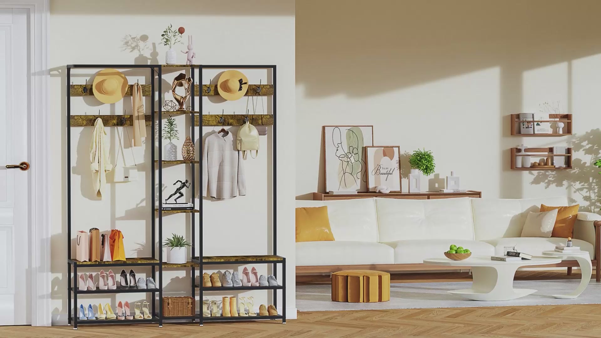 Load video: Entryway Hall Tree with Shoe Bench Corner Coat Rack Stand for Hallway
